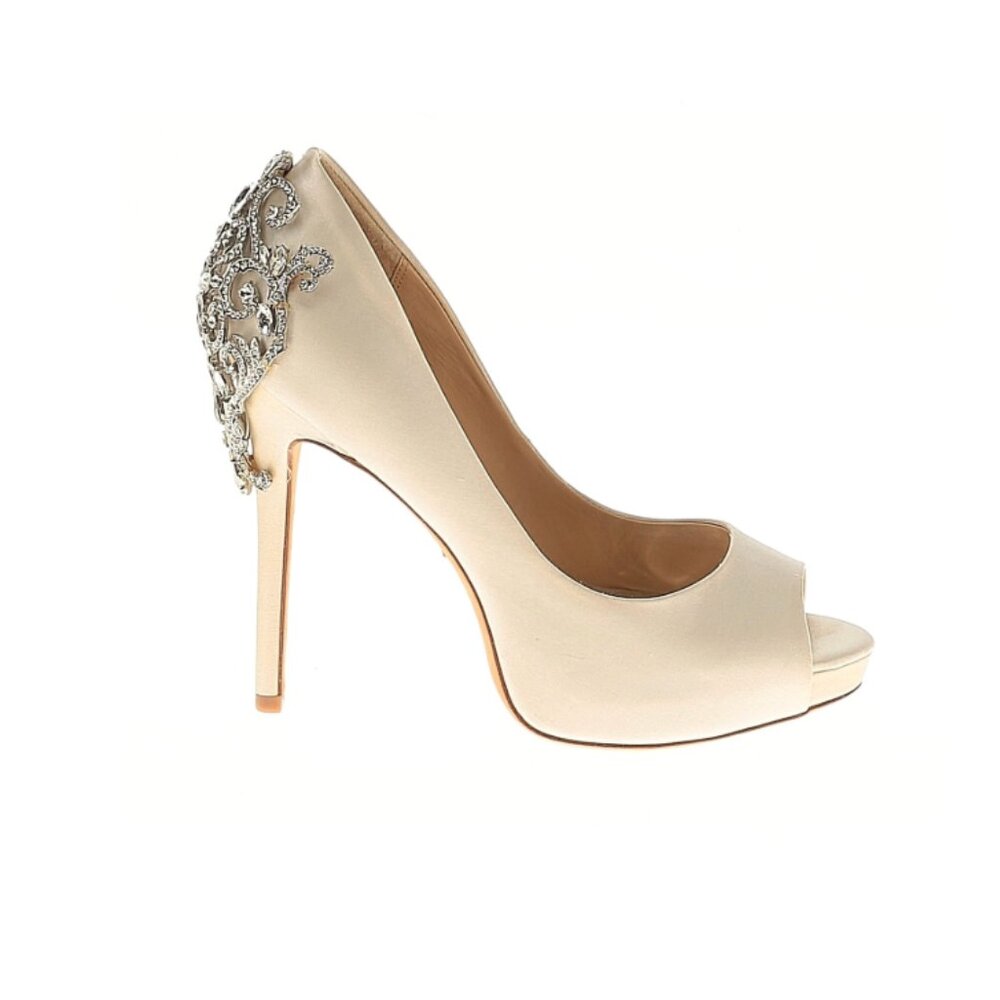 Badgley Mischka "Kiera" Embellished Peep-Toe Pumps in Ivory Satin- Size 8